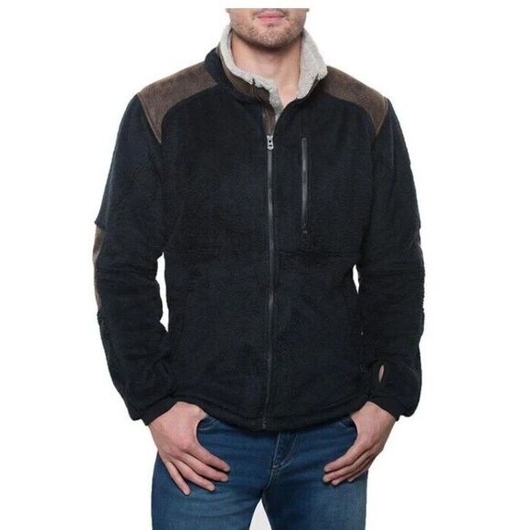 Kuhl Alpenlux Fluffy Fleece Mixed Media Zip Up Sweater Jacket Faux‎ Suede Patch - Picture 1 of 10